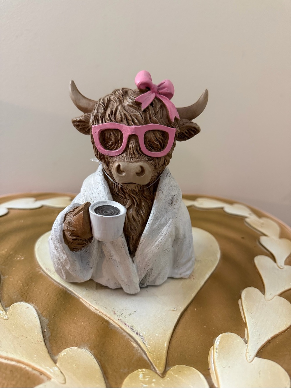 Resin Highland Cow Bust with Pink Bow, Coffee, Robe & Pink Glasses